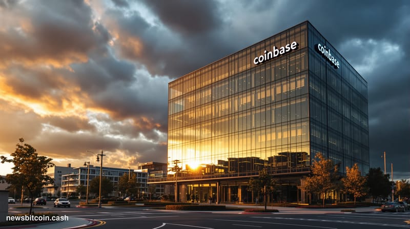 A cinematic photorealistic editorial photograph of Coinbase's distinctive San Francisco headquarters building at 1 Hacker Way