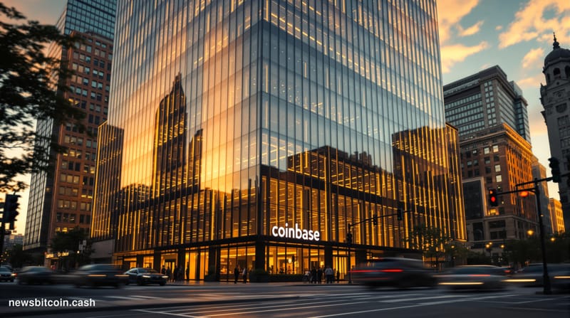 Cinematic photorealistic editorial photograph of Coinbase's distinctive modern headquarters building in San Francisco's SOMA 