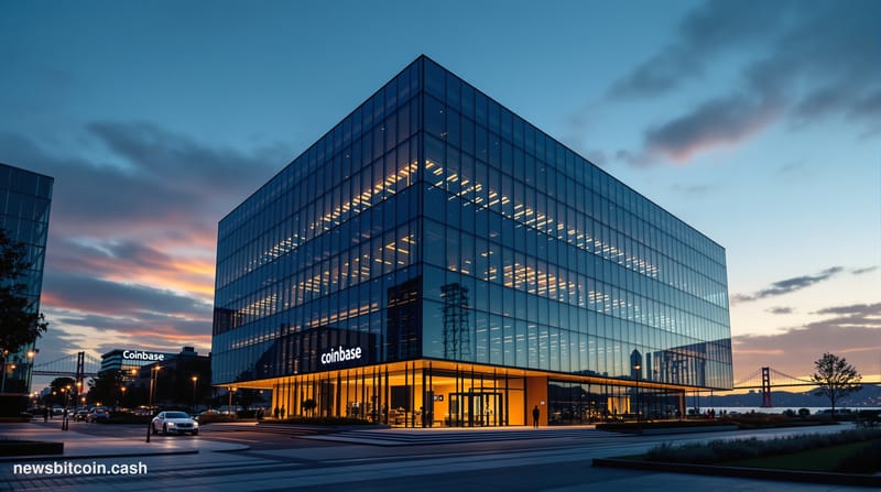 A cinematic photorealistic editorial photograph of Coinbase's distinctive glass-and-steel headquarters building in San Franci