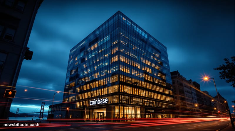 A dramatic cinematic photograph of Coinbase's San Francisco headquarters at dusk, with the company's distinctive glass facade