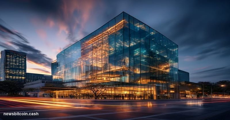 Cinematic photorealistic editorial photograph of Coinbase's distinctive San Francisco headquarters building at dusk, with the