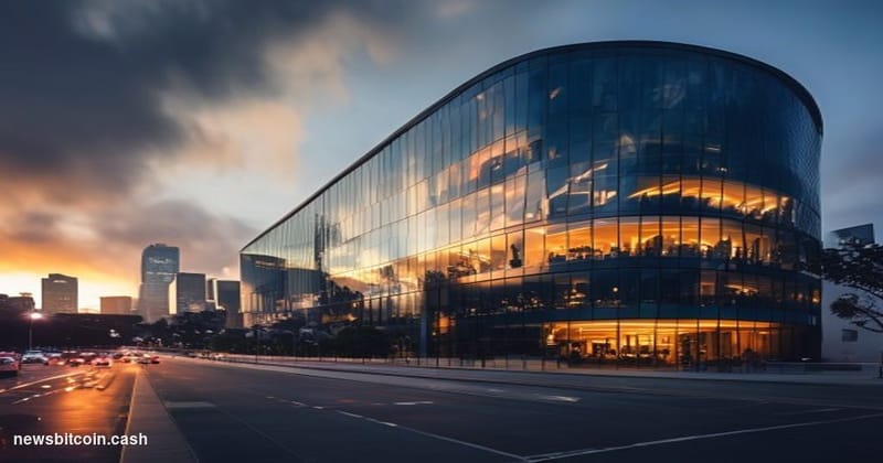Cinematic photorealistic editorial photograph of Coinbase's distinctive San Francisco headquarters building exterior shot fro