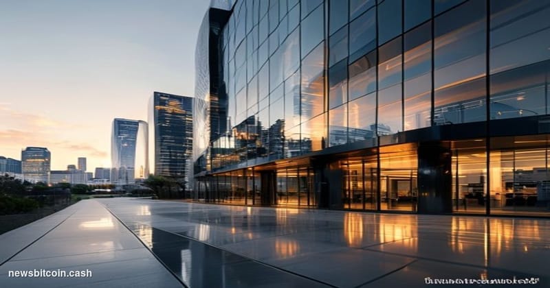 A cinematic photorealistic editorial photograph of Coinbase's modern glass headquarters building in San Francisco's financial