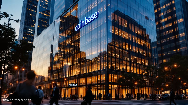 Cinematic photorealistic editorial photograph of Coinbase's distinctive San Francisco headquarters building at dusk, with the