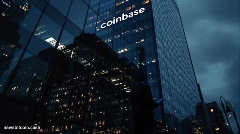 Cinematic photorealistic editorial photograph of Coinbase's distinctive San Francisco headquarters building at 100 Pine Stree