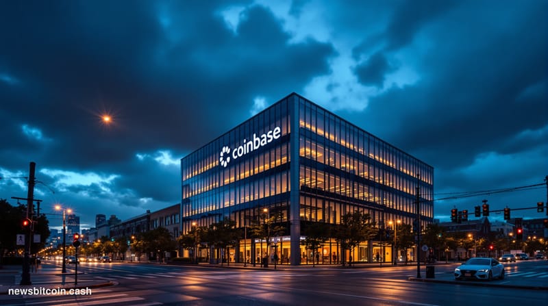 A cinematic photorealistic editorial photograph showing the Coinbase headquarters building in San Francisco's SOMA district d