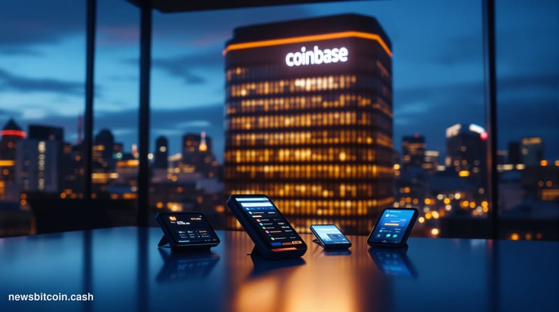 A cinematic photorealistic editorial photograph of Coinbase's San Francisco headquarters at dusk, shot from a low angle to em