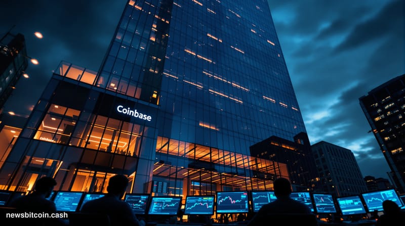 A cinematic photorealistic editorial photograph of Coinbase's distinctive San Francisco headquarters building at dusk, shot f