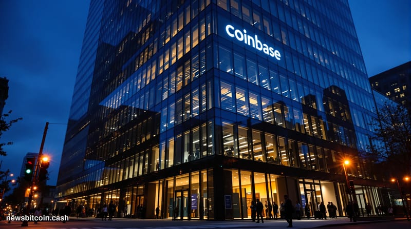 A dramatic photorealistic editorial photograph showing the exterior of Coinbase's modern San Francisco headquarters building 