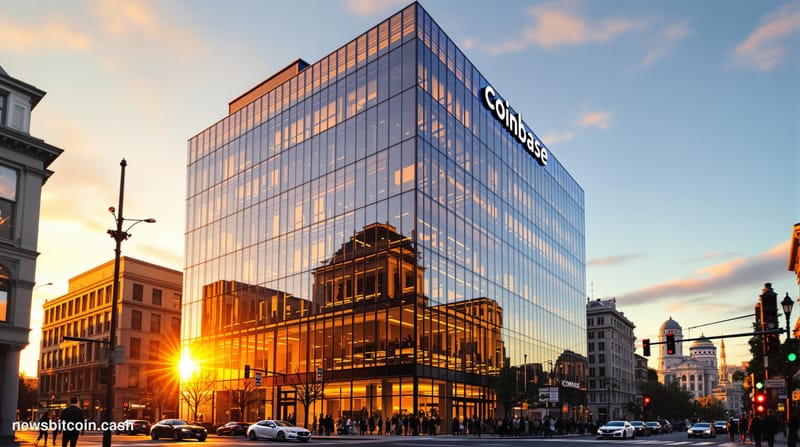 A cinematic photorealistic editorial photograph of Coinbase's San Francisco headquarters building exterior at golden hour, wi