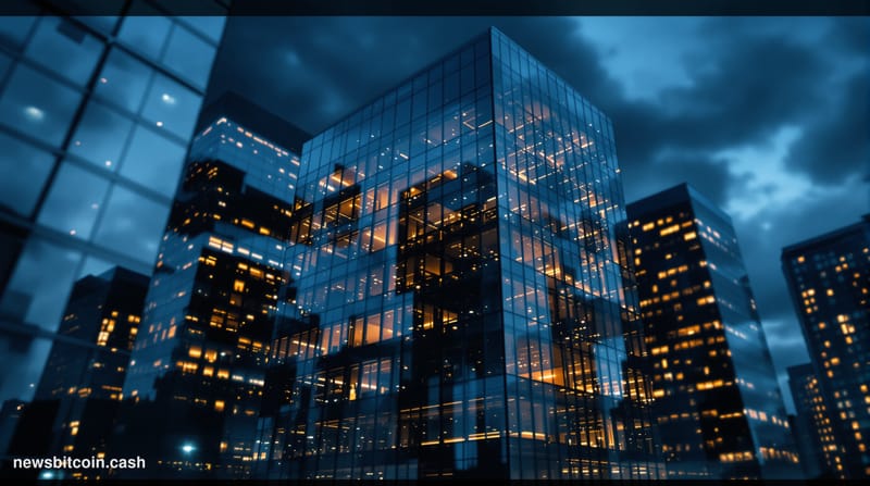 Cinematic photorealistic editorial photograph of a modern glass-walled office building at dusk, with interior lights creating