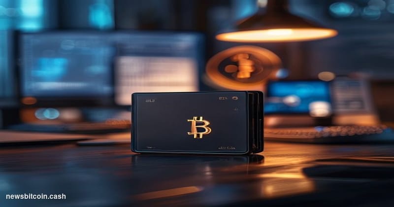 A cinematic photorealistic editorial photograph showcasing a high-end Bitcoin hardware wallet in a professional technology se