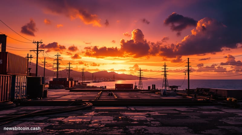 Cinematic photorealistic editorial photograph of a vast Caribbean coastline at dusk, with shipping containers and industrial 