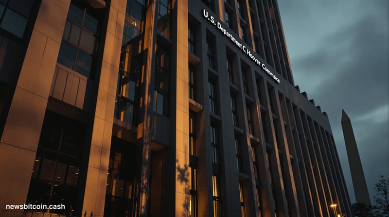 A cinematic photorealistic editorial photograph of the U.S. Department of Commerce headquarters building in Washington D.C., 