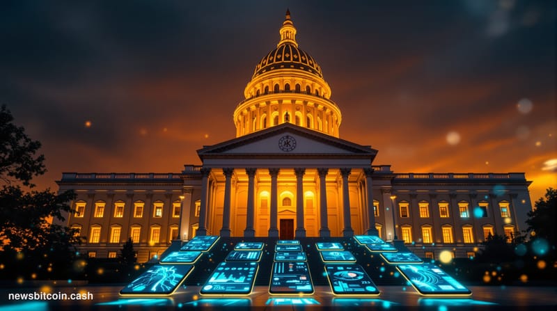 A dramatic photorealistic editorial photograph showing the imposing neo-classical facade of the U.S. Capitol building at dusk