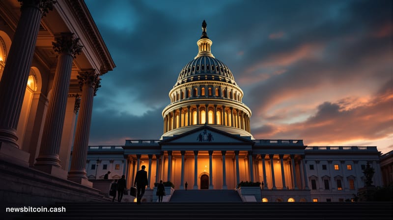 Cinematic photorealistic editorial photograph of the United States Capitol building dome at dusk, dramatic golden hour lighti