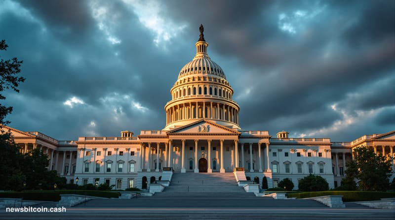 A cinematic photorealistic editorial photograph of the U.S. Capitol building's iconic dome and neoclassical architecture shot