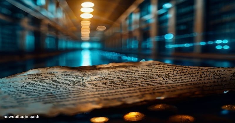 A cinematic photorealistic editorial photograph showing the iconic parchment of the U.S. Constitution displayed under museum 