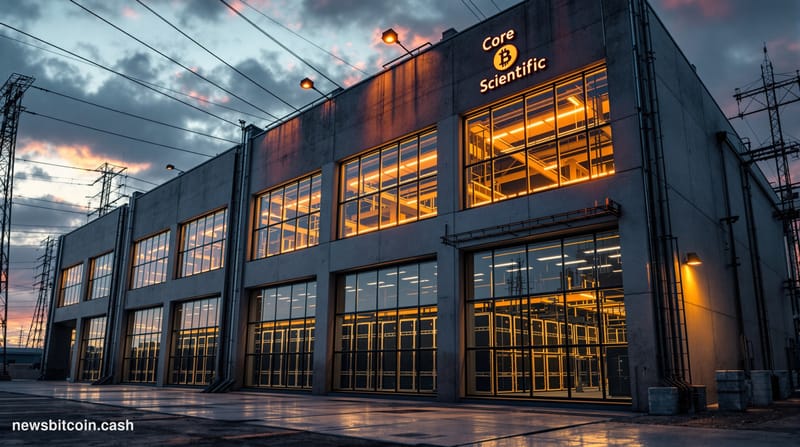 A cinematic photorealistic editorial photograph of Core Scientific's mining facility exterior in Austin, Texas, showing the i