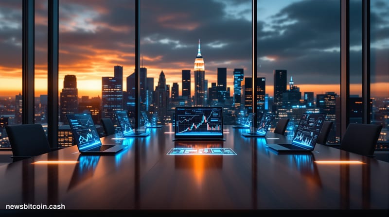 A cinematic photorealistic editorial photograph of a modern corporate boardroom with floor-to-ceiling windows overlooking a m