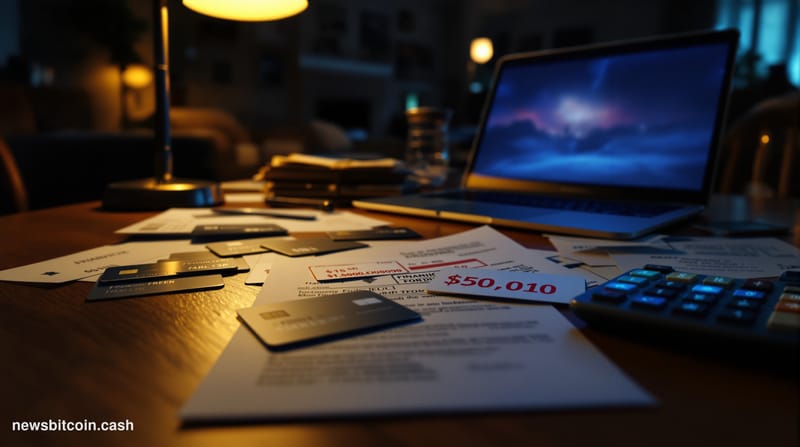 A cinematic photorealistic editorial photograph capturing the stark reality of American consumer debt crisis. The scene shows