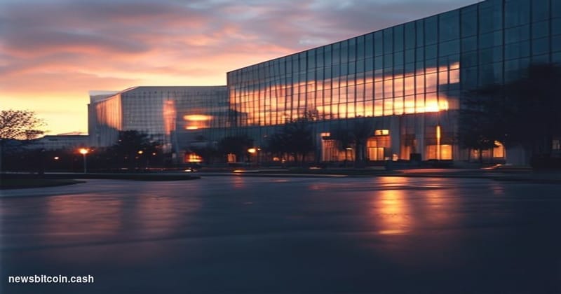 A cinematic photorealistic editorial photograph of the National Credit Union Administration headquarters building in Alexandr