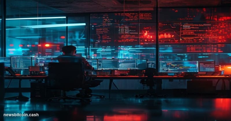 A dramatic cinematic photograph of a modern cryptocurrency trading floor or DeFi development workspace in crisis mode, with m