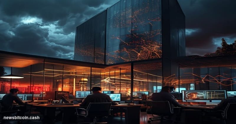 A cinematic photorealistic editorial photograph showing a modern glass office building at dusk with warm interior lighting co