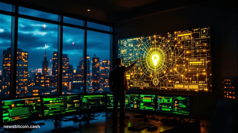 A cinematic photorealistic editorial photograph showing a dark corporate conference room where cybersecurity analysts work at
