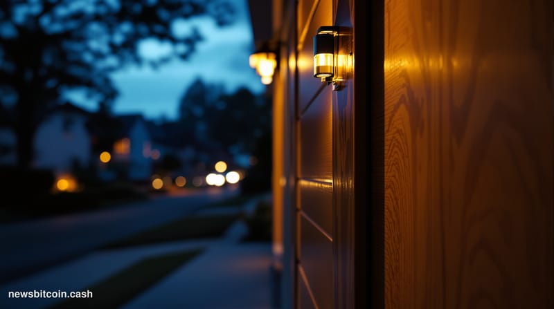 Cinematic photorealistic editorial photograph of a modern suburban home's front entrance at twilight, with dramatic shadows c