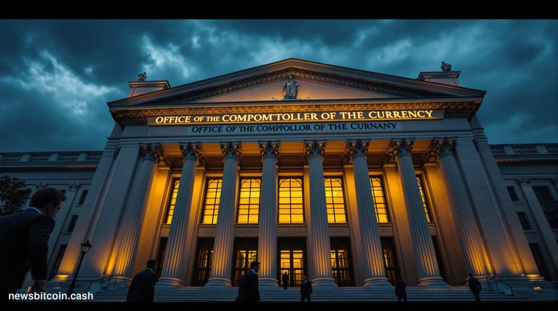 A cinematic photorealistic editorial photograph showing the imposing neoclassical facade of the Office of the Comptroller of 