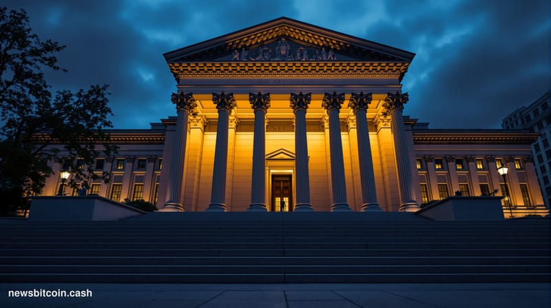 A cinematic photorealistic editorial photograph showing the imposing neoclassical facade of the SEC headquarters building in 