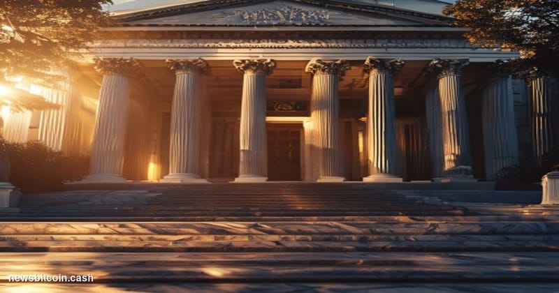 A cinematic photorealistic editorial photograph of the United States Supreme Court building in Washington D.C., captured duri