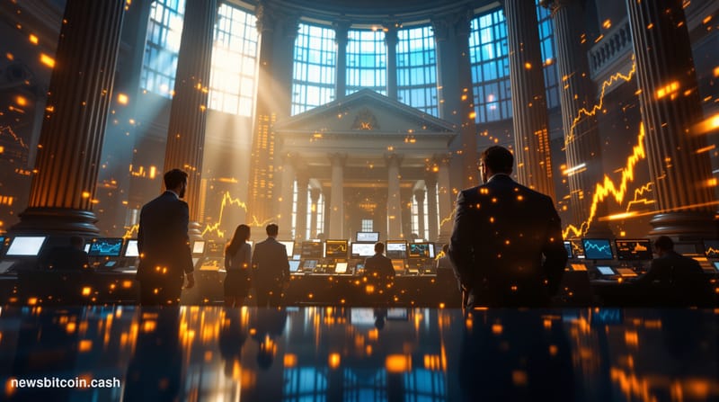 A cinematic photorealistic editorial photograph showing the New York Stock Exchange trading floor from a low angle, with the 