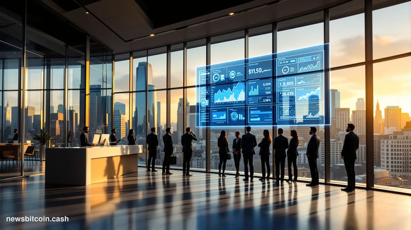 Cinematic photorealistic editorial photograph of a modern corporate office environment showing the convergence of traditional