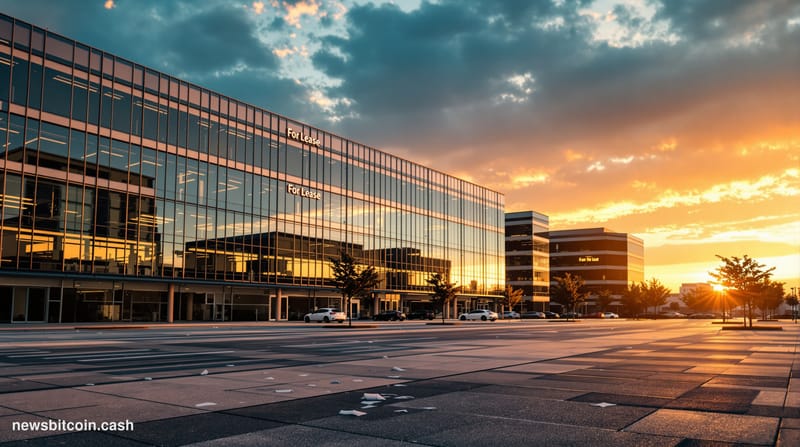 A cinematic photorealistic editorial photograph showing abandoned modern glass office buildings in a tech district during gol