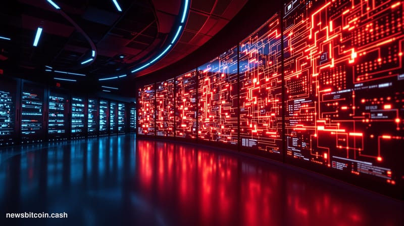 A cinematic photorealistic editorial photograph of a modern data center control room in emergency lighting, with multiple scr