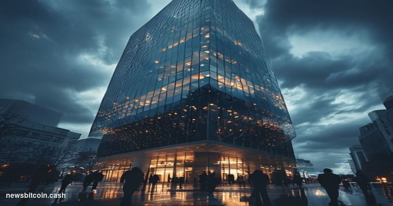 A cinematic photorealistic editorial photograph showing the imposing JPMorgan Chase headquarters tower at 270 Park Avenue in 