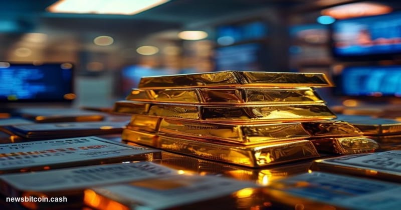 A cinematic photorealistic editorial photograph showing stacks of gleaming gold bars in the foreground with cryptocurrency sy