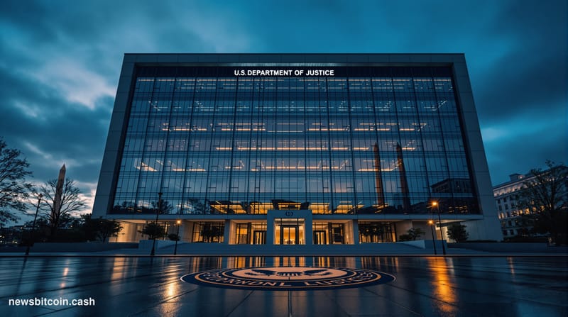 A cinematic photorealistic editorial photograph showing the imposing glass facade of the US Department of Justice headquarter