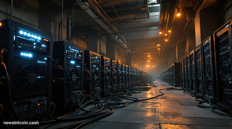 Cinematic photorealistic editorial photograph of a massive underground Bitcoin mining facility from the early cryptocurrency 