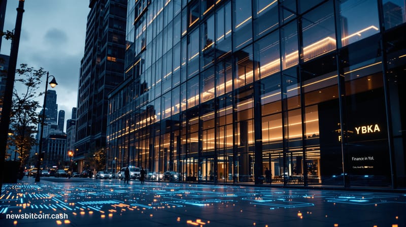 Cinematic photorealistic editorial photograph of the DTCC headquarters building in New York's Financial District, shot from a