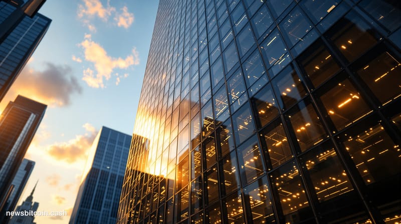 A cinematic photorealistic editorial photograph showing the imposing modern glass and steel exterior of the DTCC headquarters