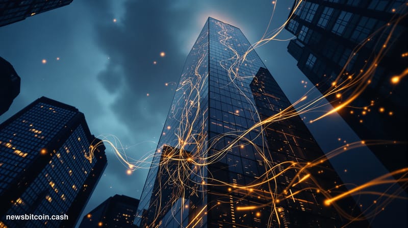 A cinematic photorealistic editorial photograph of the imposing DTCC headquarters building in New York City, shot from a low 