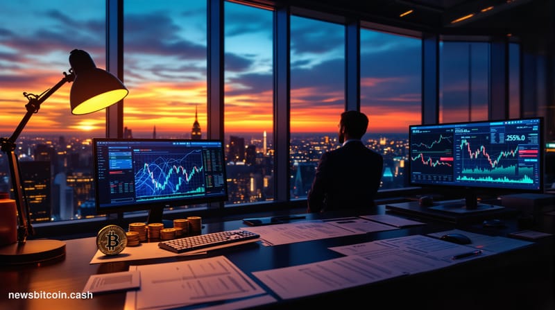 Cinematic photorealistic scene of a modern Wall Street trading floor at dusk, dominated by multiple sleek digital screens dis