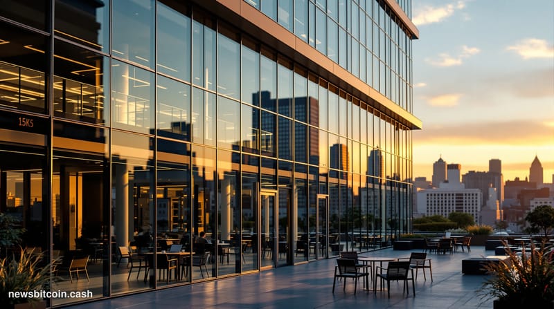 A cinematic photorealistic editorial photograph of a modern tech office building in San Francisco's SOMA district during gold