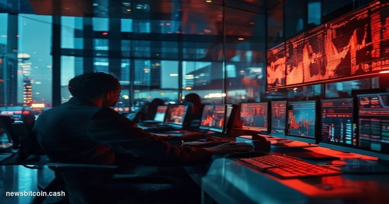 A dramatic photorealistic editorial photograph showing a modern cryptocurrency trading floor or blockchain development office