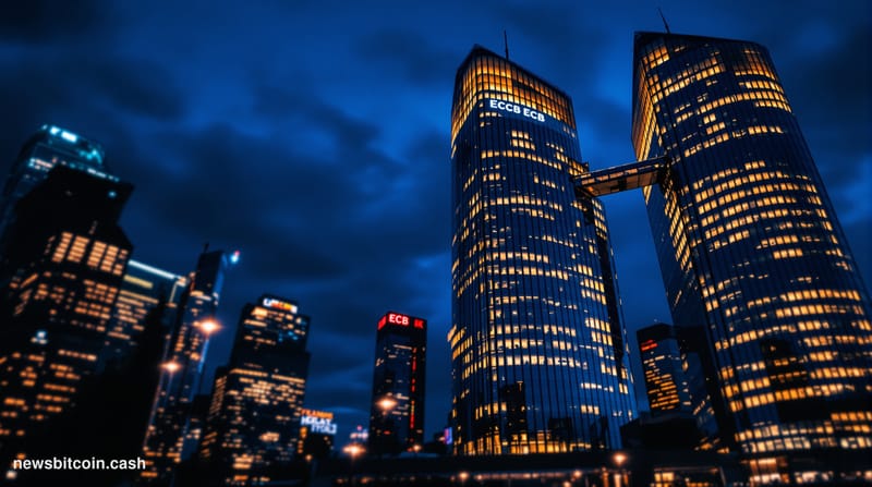 A cinematic photorealistic editorial photograph of the European Central Bank headquarters in Frankfurt, Germany at dusk, with
