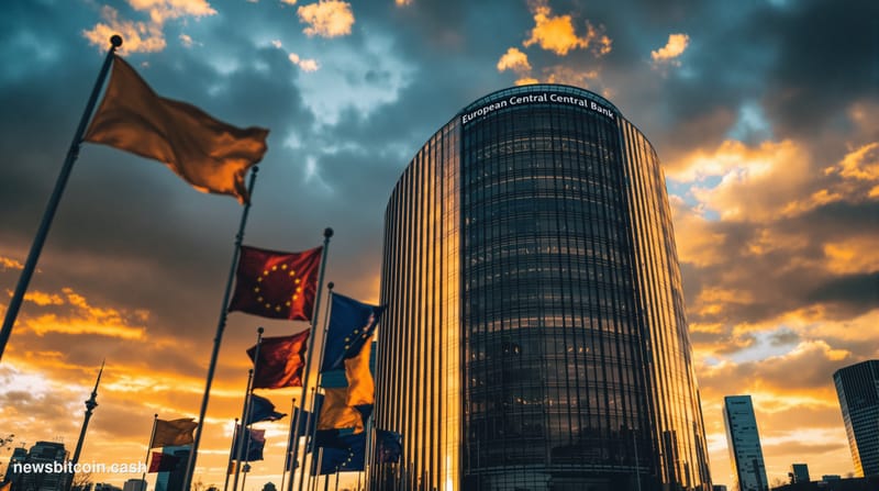 A dramatic cinematic photograph of the European Central Bank headquarters in Frankfurt, Germany, shot from a low angle during