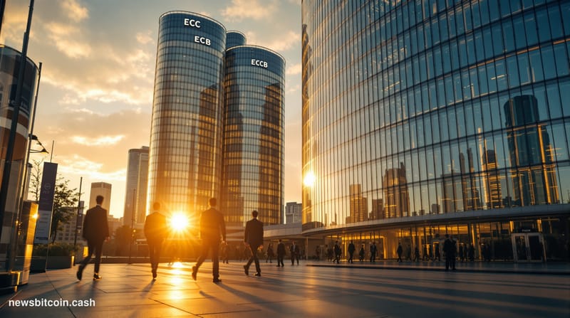 A cinematic photorealistic editorial photograph of the European Central Bank headquarters in Frankfurt, Germany, shot during 